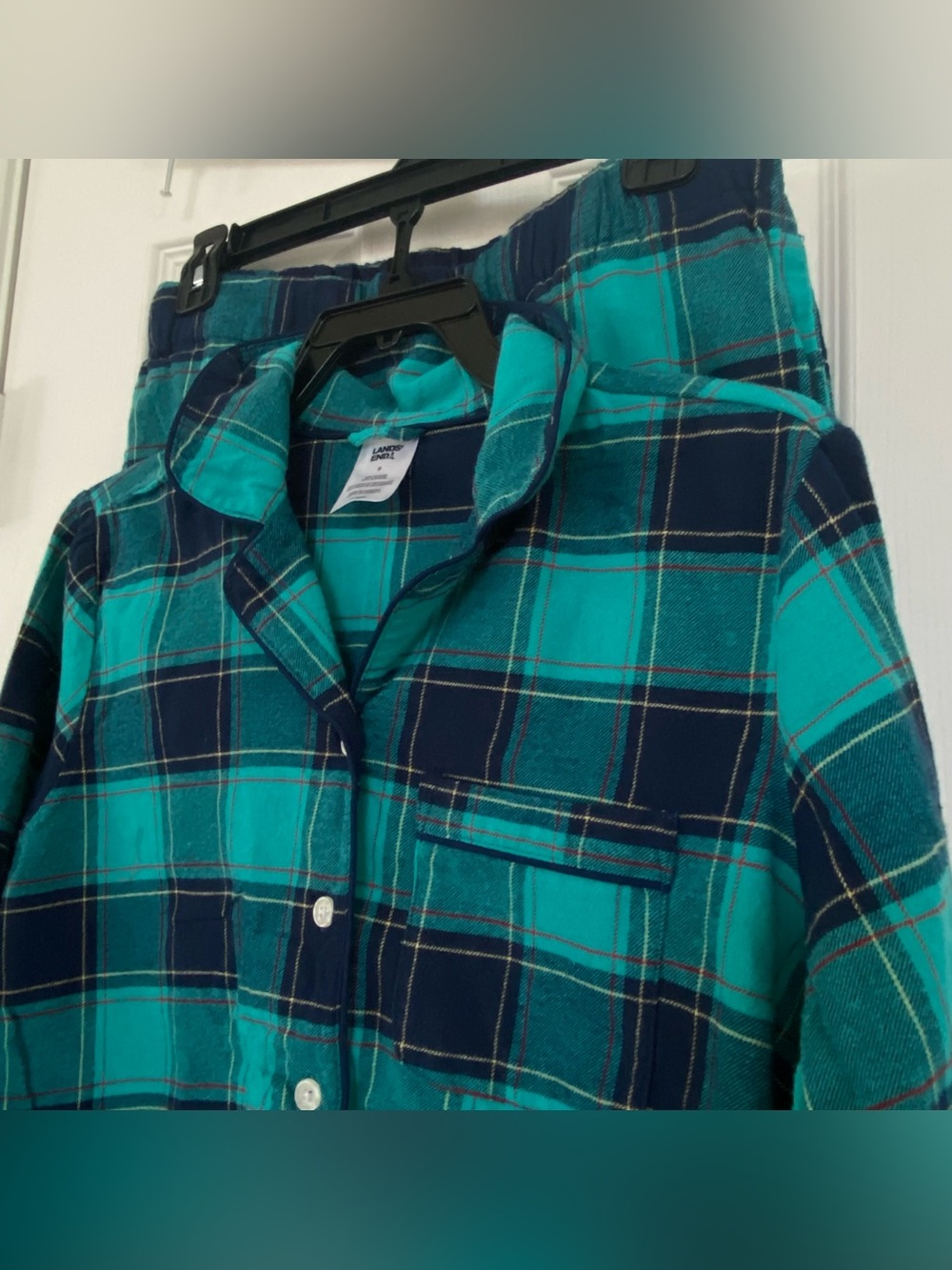 Land’s End Plaid Button-Up Pajama Top and Bottom Set - Teal & Navy
